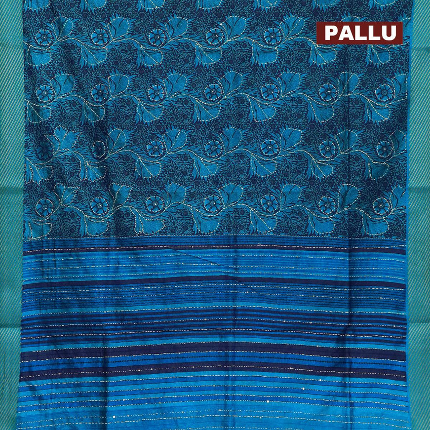 Semi raw silk saree dark blue and cs blue with allover prints & kantha stitch work and simple zari woven border - {{ collection.title }} by Prashanti Sarees