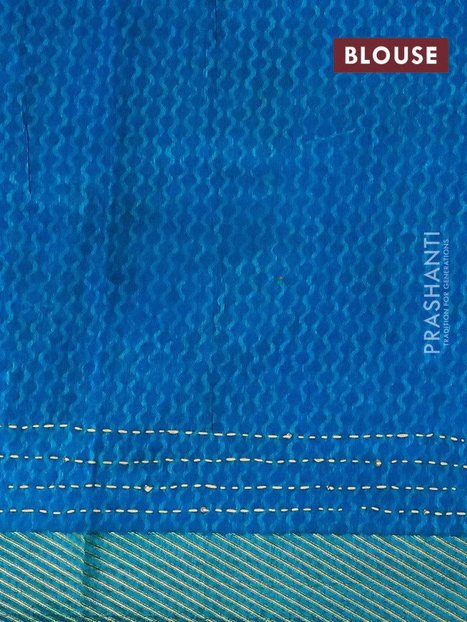 Semi raw silk saree dark blue and cs blue with allover prints & kantha stitch work and simple zari woven border - {{ collection.title }} by Prashanti Sarees