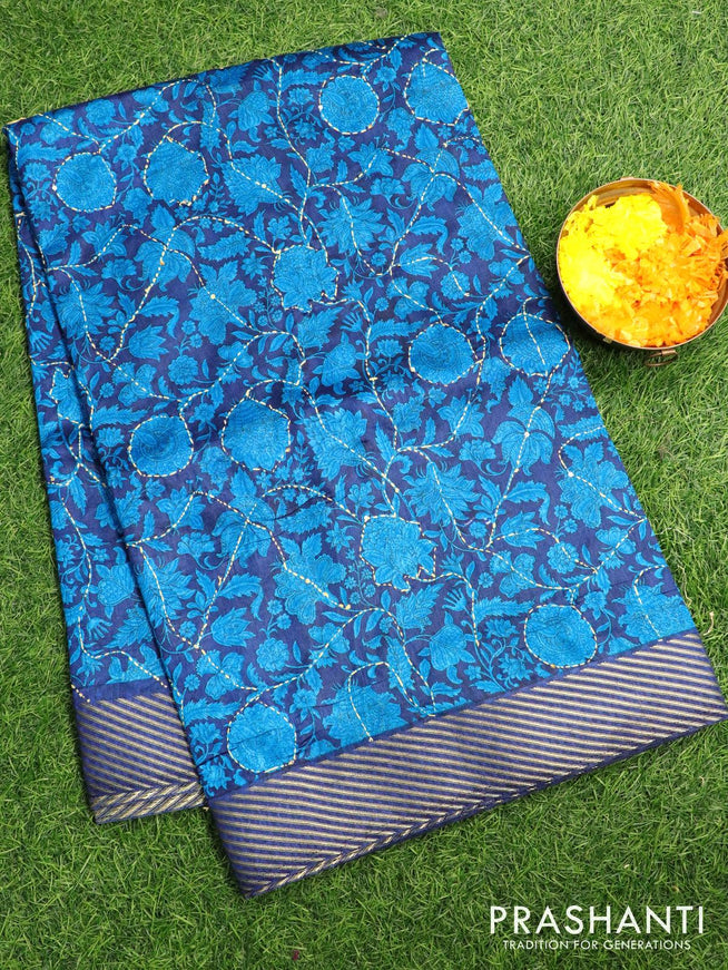 Semi raw silk saree dark blue and cs blue with floral prints & kantha stitch work and simple zari woven border - {{ collection.title }} by Prashanti Sarees