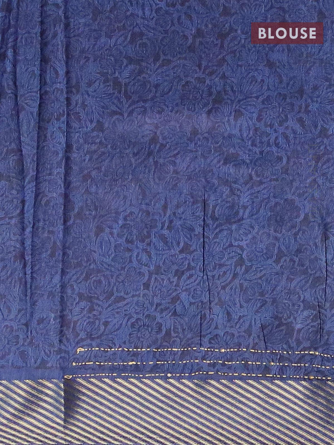 Semi raw silk saree dark blue and cs blue with floral prints & kantha stitch work and simple zari woven border - {{ collection.title }} by Prashanti Sarees