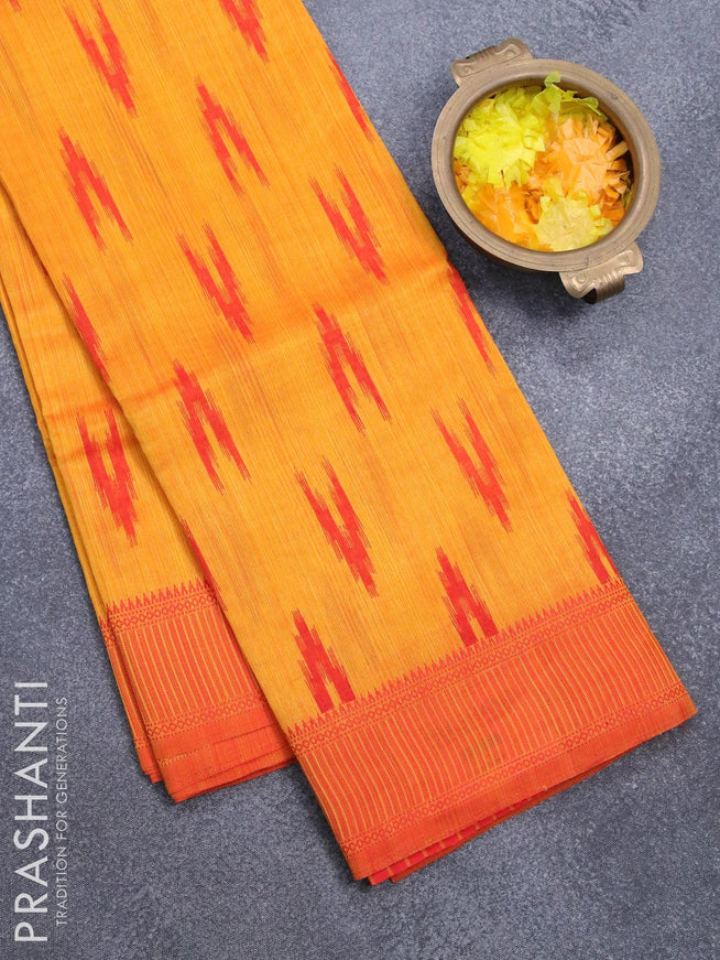 Semi raw silk saree dual shade of yellowish red and red with allover ikat butta prints and woven border - {{ collection.title }} by Prashanti Sarees