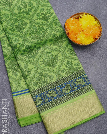 Semi raw silk saree green and blue with allover prints and zari woven border - {{ collection.title }} by Prashanti Sarees