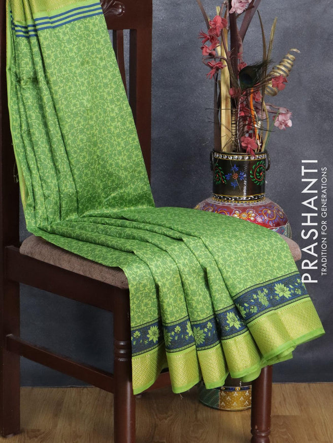 Semi raw silk saree green and blue with allover prints and zari woven border - {{ collection.title }} by Prashanti Sarees