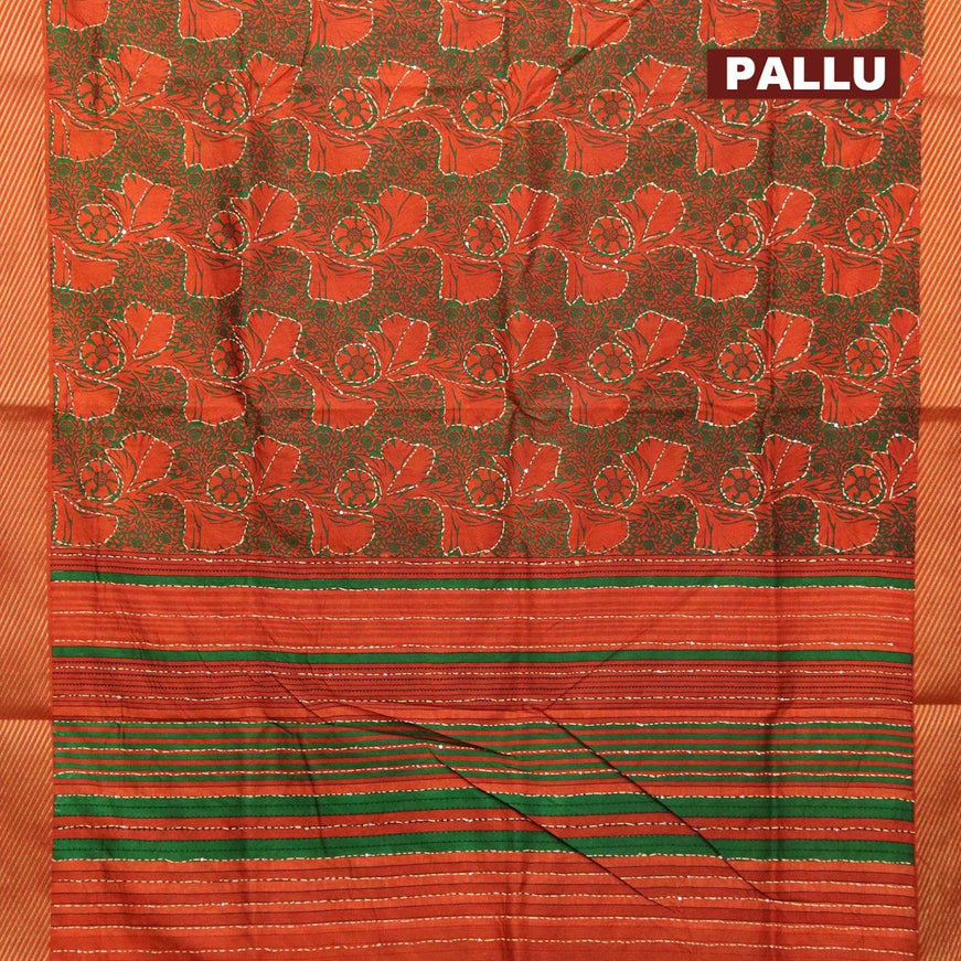 Semi raw silk saree green and orange with allover prints & kantha stitch work and simple zari woven border - {{ collection.title }} by Prashanti Sarees