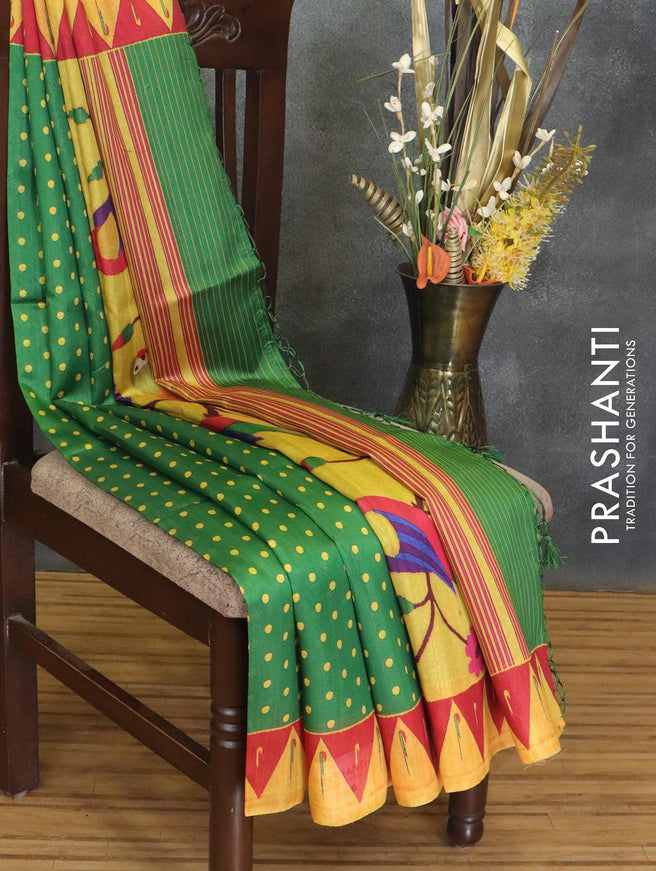 Semi raw silk saree green and yellow with allover prints and paithani border - {{ collection.title }} by Prashanti Sarees