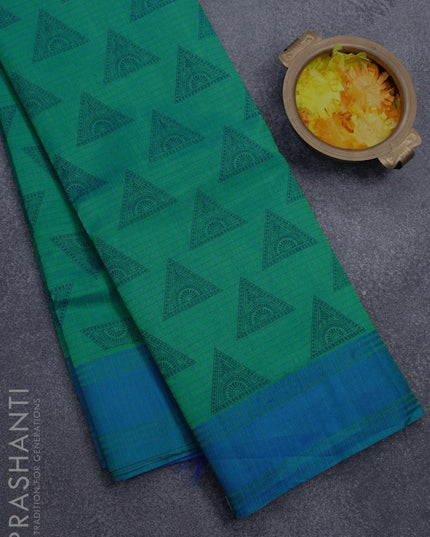 Semi raw silk saree green shade and cs blue with geometric butta prints and woven border - {{ collection.title }} by Prashanti Sarees