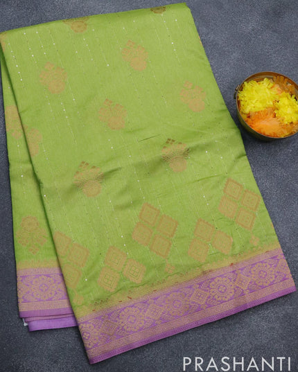 Semi raw silk saree light green and mild purple with allover zari butta sequin work and zari woven border - {{ collection.title }} by Prashanti Sarees