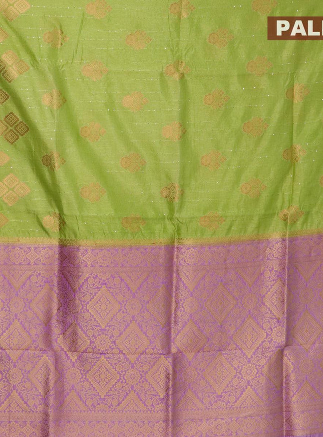 Semi raw silk saree light green and mild purple with allover zari butta sequin work and zari woven border - {{ collection.title }} by Prashanti Sarees