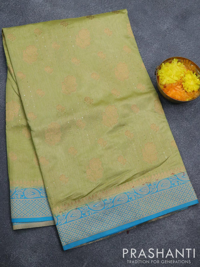Semi raw silk saree light green with allover zari butta sequin work and zari woven border - {{ collection.title }} by Prashanti Sarees