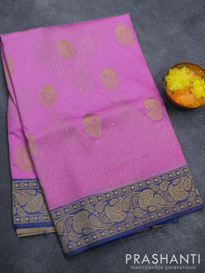 Semi raw silk saree light pink and blue with allover zari butta sequin work and zari woven border - {{ collection.title }} by Prashanti Sarees