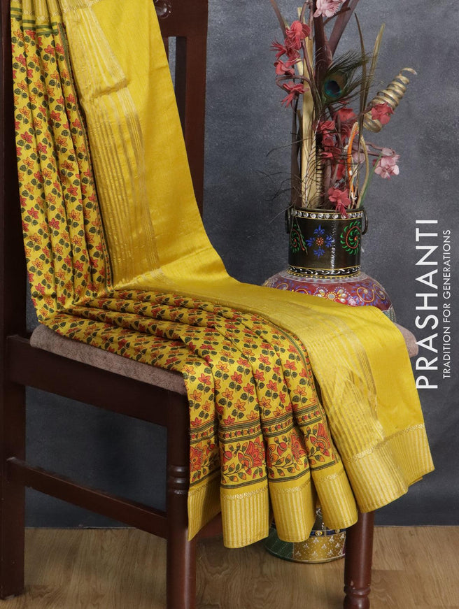 Semi raw silk saree lime green shade with allover floral butta prints and zari woven border - {{ collection.title }} by Prashanti Sarees