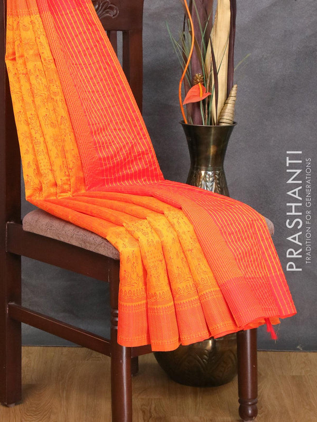 Semi raw silk saree mango yellow and orange with allover prints and woven border - {{ collection.title }} by Prashanti Sarees