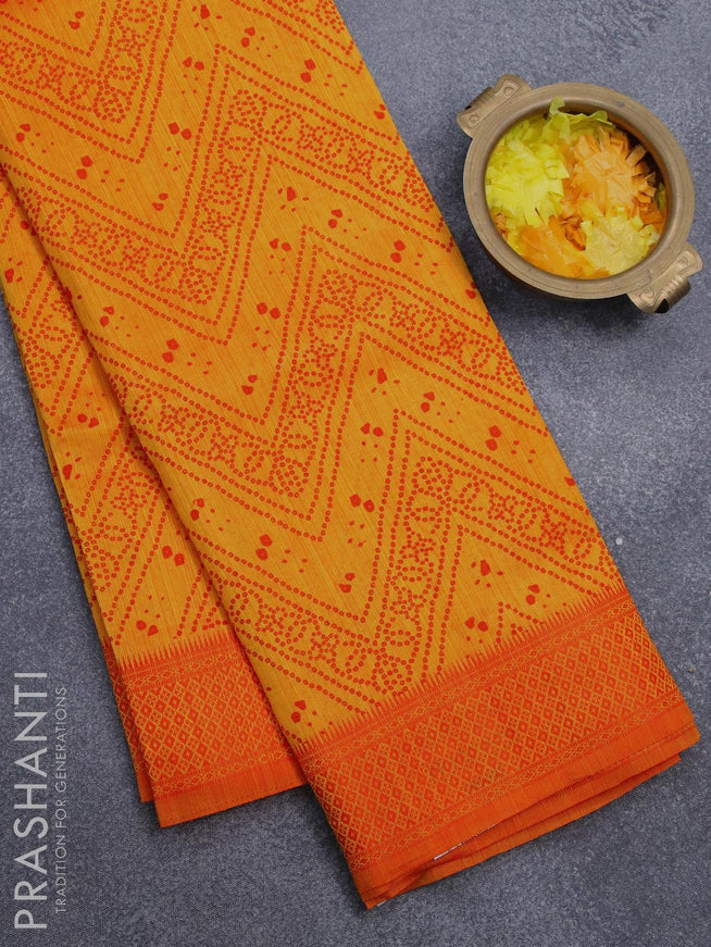 Semi raw silk saree mango yellow and red shade with allover prints and woven border - {{ collection.title }} by Prashanti Sarees