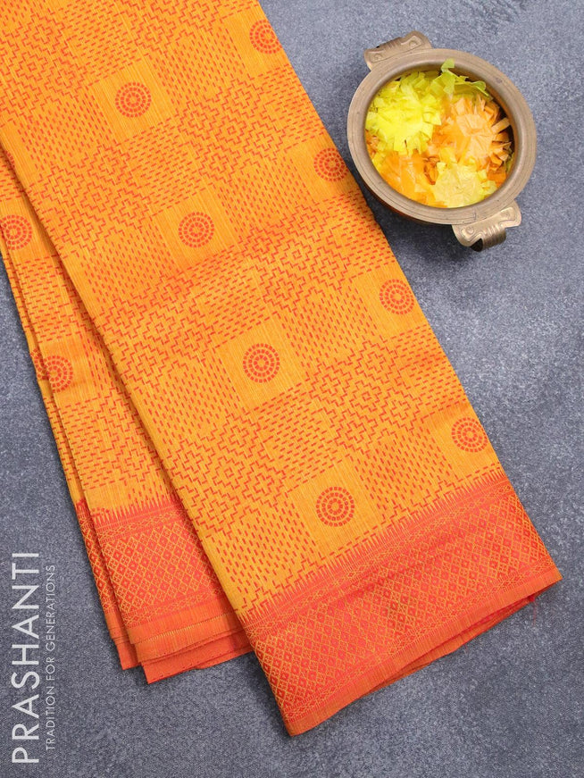 Semi raw silk saree mango yellow and red with allover prints and woven border - {{ collection.title }} by Prashanti Sarees