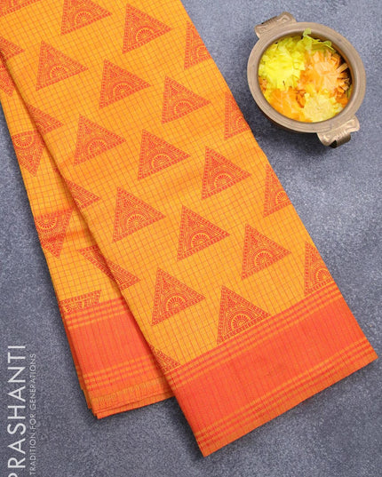 Semi raw silk saree mango yellow and red with geometric butta prints and woven border - {{ collection.title }} by Prashanti Sarees