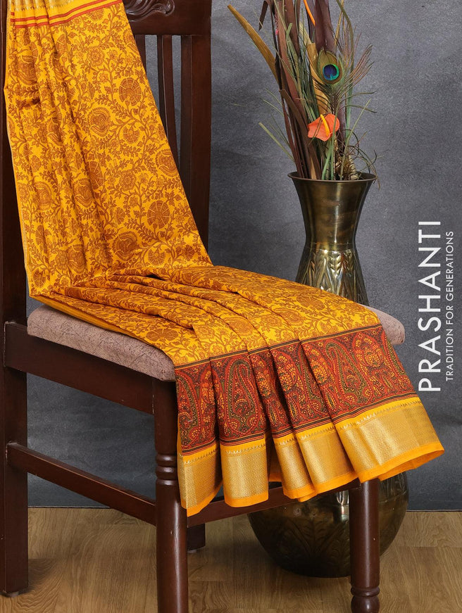 Semi raw silk saree mango yellow with allover prints and zari woven border - {{ collection.title }} by Prashanti Sarees