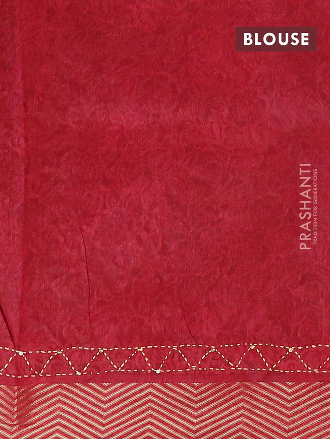 Semi raw silk saree maroon and mustard yellow with floral prints & kantha stitch work and simple zari woven border - {{ collection.title }} by Prashanti Sarees