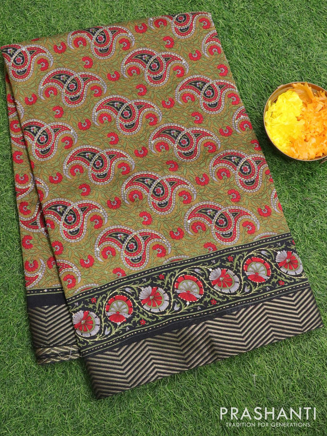 Semi raw silk saree mehendi green and black with paisley prints & kantha stitch work and simple zari woven border - {{ collection.title }} by Prashanti Sarees