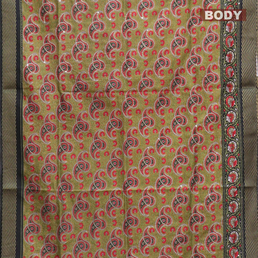 Semi raw silk saree mehendi green and black with paisley prints & kantha stitch work and simple zari woven border - {{ collection.title }} by Prashanti Sarees