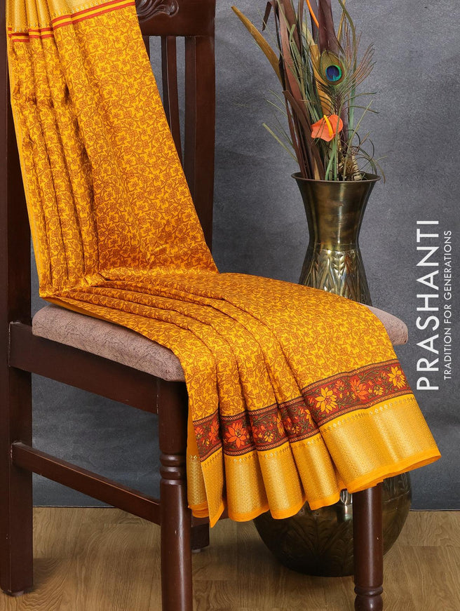 Semi raw silk saree mustard yellow and maroon with allover prints and zari woven border - {{ collection.title }} by Prashanti Sarees