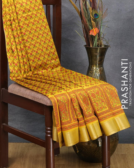Semi raw silk saree mustard yellow with allover floral butta prints and zari woven border - {{ collection.title }} by Prashanti Sarees