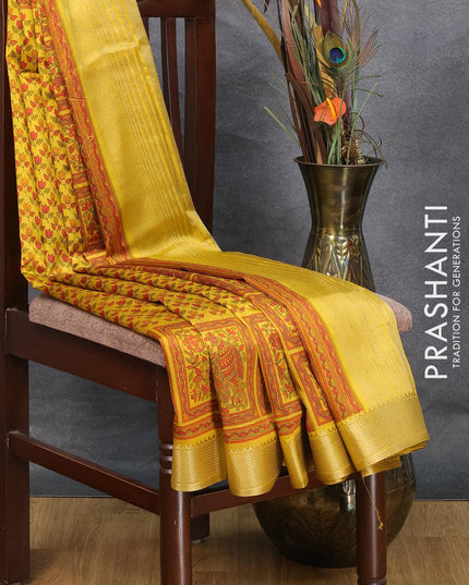 Semi raw silk saree mustard yellow with allover floral butta prints and zari woven border - {{ collection.title }} by Prashanti Sarees