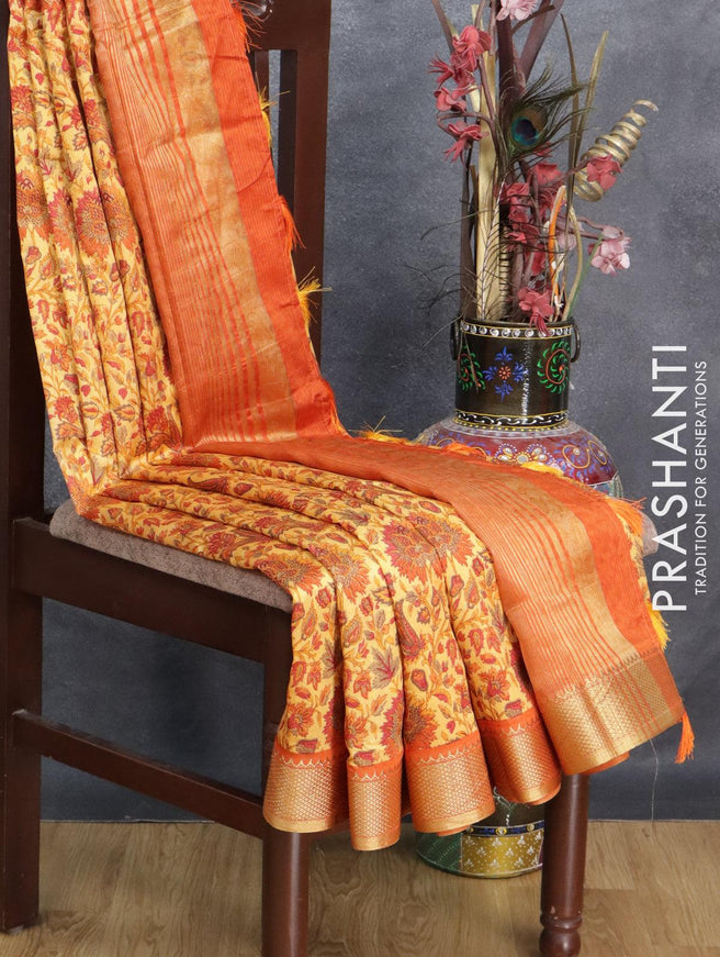 Semi raw silk saree pale orange and orange with allover floral prints and zari woven border - {{ collection.title }} by Prashanti Sarees