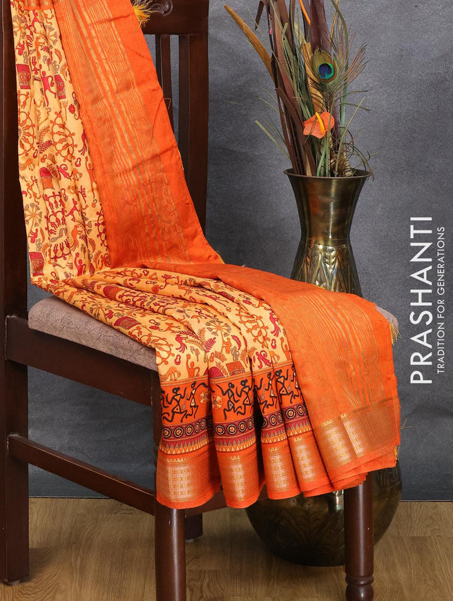 Semi raw silk saree pale orange and orange with allover warli prints and zari woven border - {{ collection.title }} by Prashanti Sarees