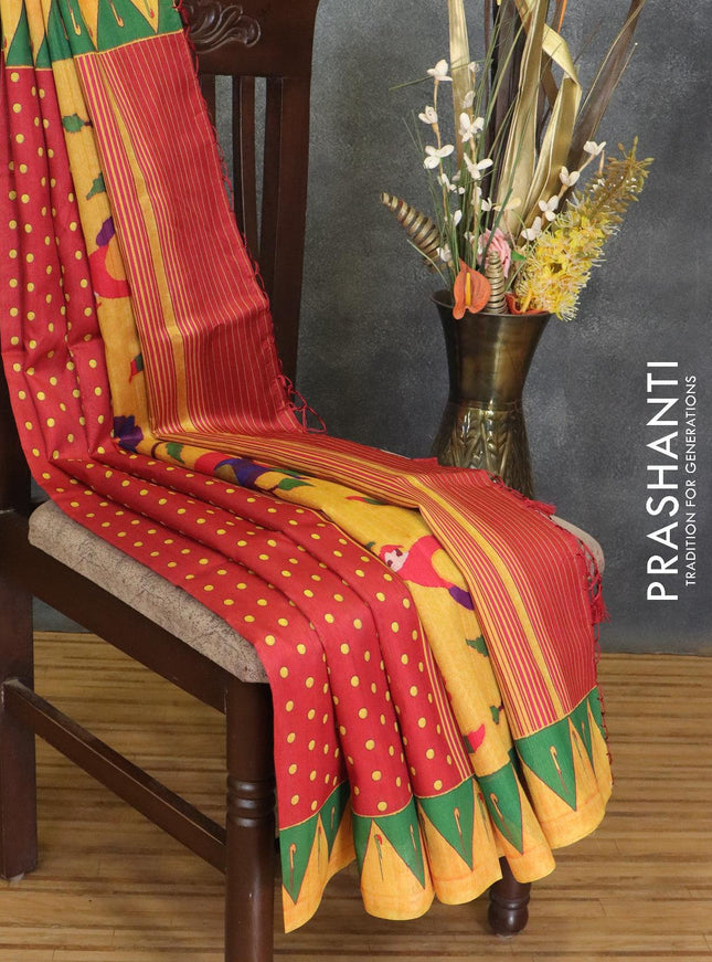 Semi raw silk saree red and yellow with allover prints and paithani border - {{ collection.title }} by Prashanti Sarees