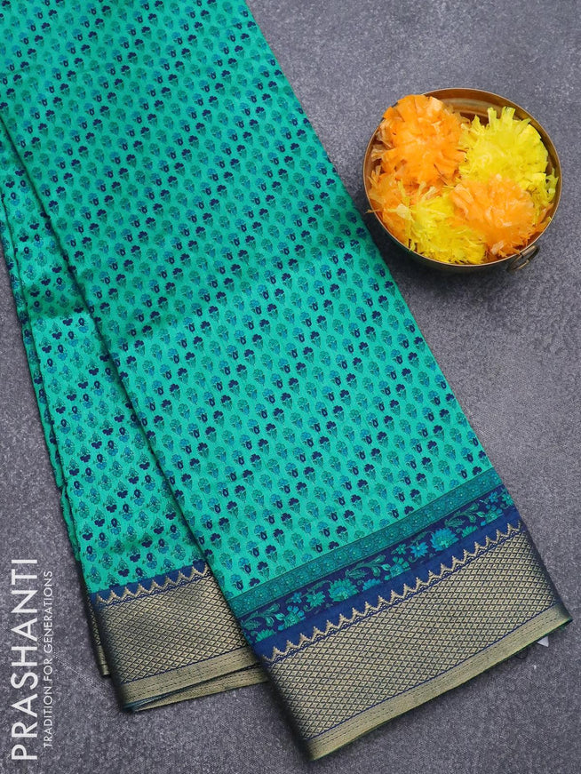 Semi raw silk saree teal blue and blue with allover floral prints and zari woven border - {{ collection.title }} by Prashanti Sarees