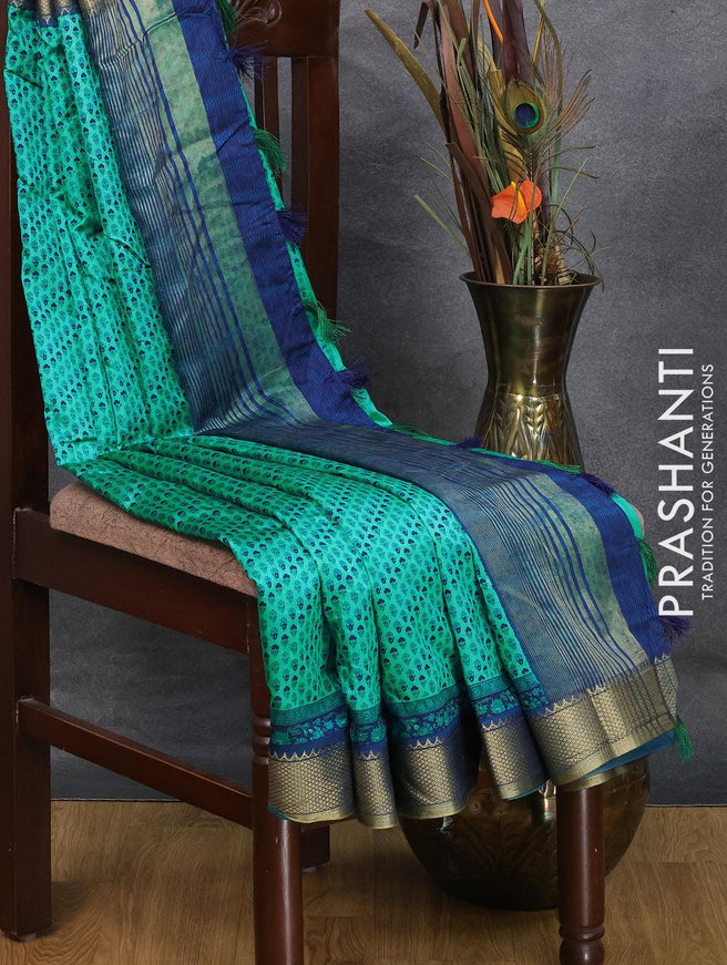 Semi raw silk saree teal blue and blue with allover floral prints and zari woven border - {{ collection.title }} by Prashanti Sarees