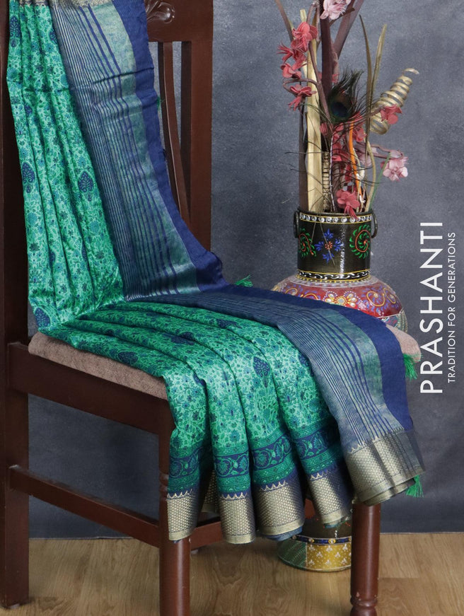 Semi raw silk saree teal green and blue with allover prints and zari woven border - {{ collection.title }} by Prashanti Sarees