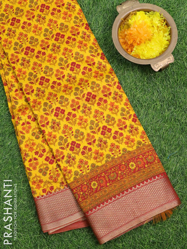 Semi raw silk saree yellow and maroon with allover floral prints and zari woven border - {{ collection.title }} by Prashanti Sarees