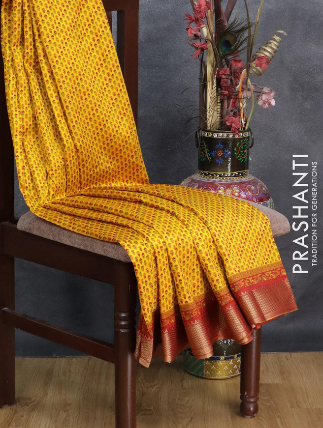 Semi raw silk saree yellow and maroon with allover floral prints and zari woven border - {{ collection.title }} by Prashanti Sarees