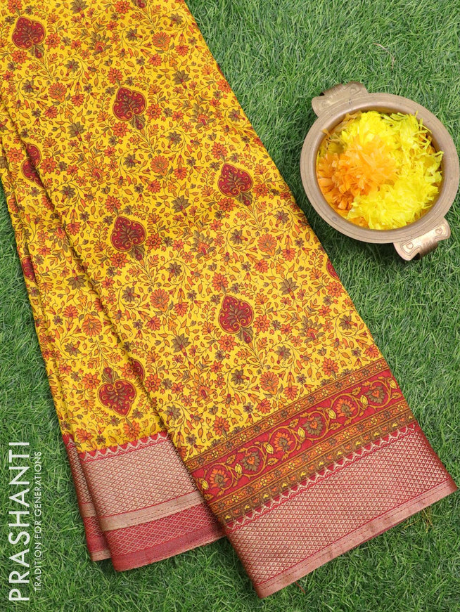 Semi raw silk saree yellow and maroon with allover prints and zari woven border - {{ collection.title }} by Prashanti Sarees