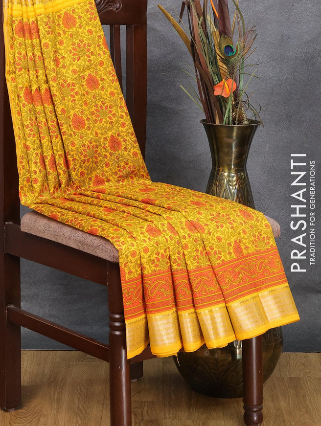 Semi raw silk saree yellow and orange with allover floral prints and zari woven border - {{ collection.title }} by Prashanti Sarees