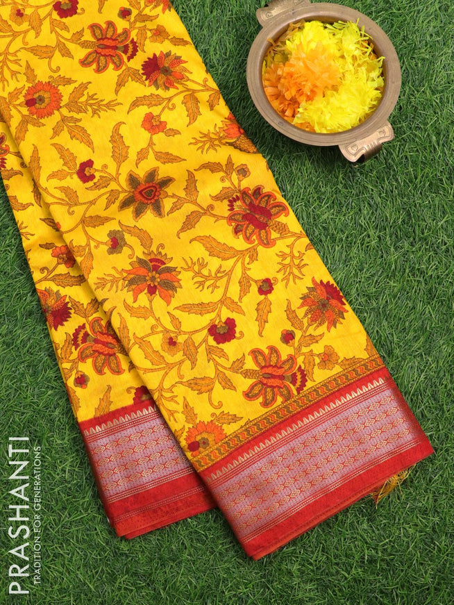 Semi raw silk saree yellow and red shade with allover floral prints and zari woven border - {{ collection.title }} by Prashanti Sarees