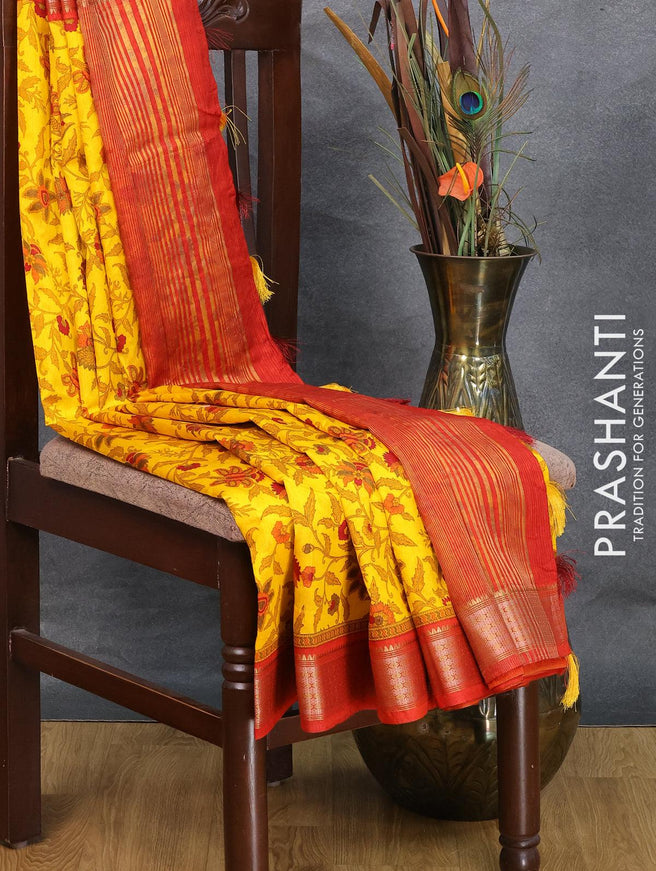Semi raw silk saree yellow and red shade with allover floral prints and zari woven border - {{ collection.title }} by Prashanti Sarees