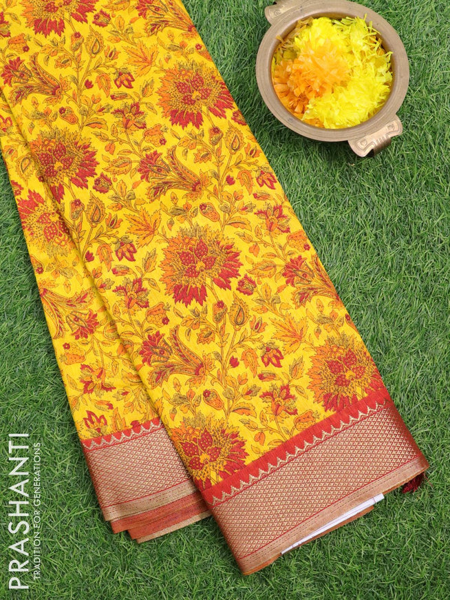 Semi raw silk saree yellow and red with allover floral prints and zari woven border - {{ collection.title }} by Prashanti Sarees