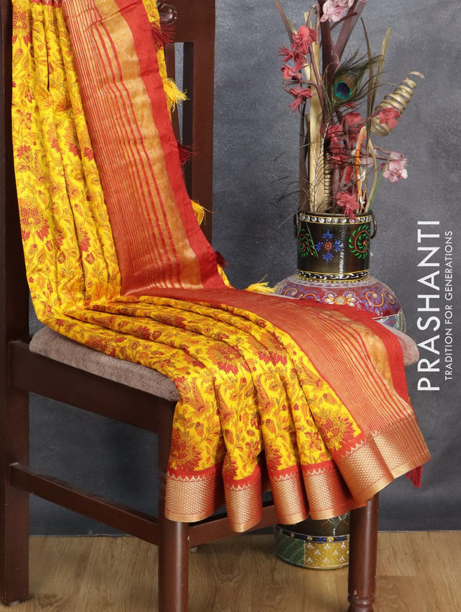 Semi raw silk saree yellow and red with allover floral prints and zari woven border - {{ collection.title }} by Prashanti Sarees
