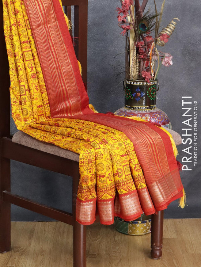 Semi raw silk saree yellow and red with allover warli prints and zari woven border - {{ collection.title }} by Prashanti Sarees