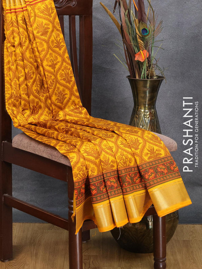 Semi raw silk saree yellow and rust shade with allover prints and zari woven border - {{ collection.title }} by Prashanti Sarees