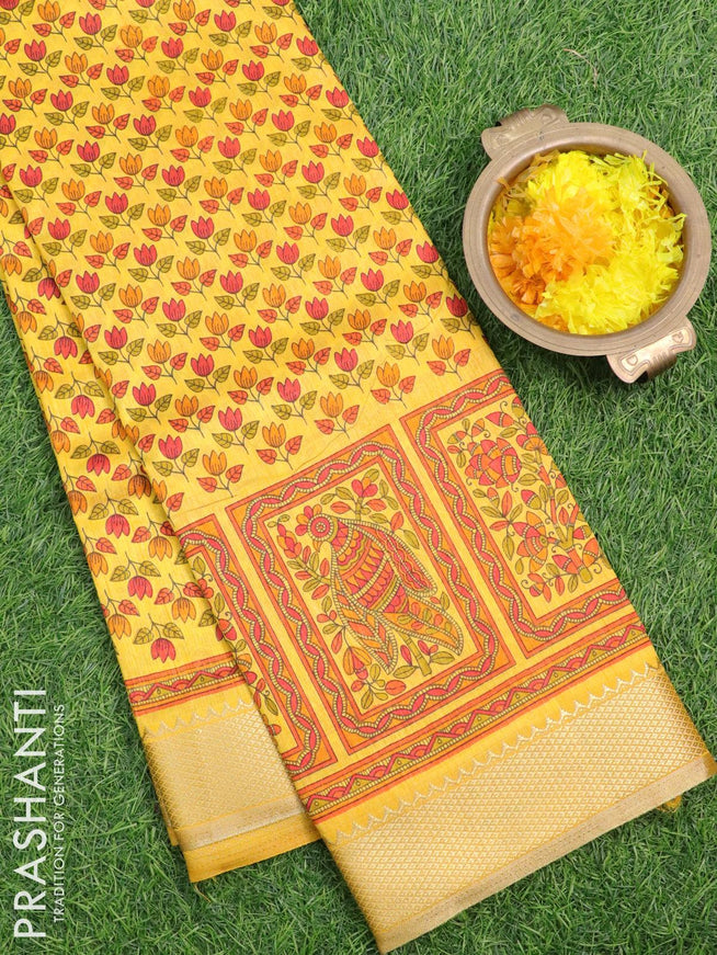 Semi raw silk saree yellow with allover floral butta prints and zari woven border - {{ collection.title }} by Prashanti Sarees