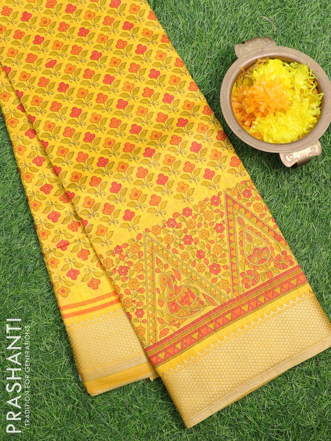 Semi raw silk saree yellow with allover floral prints and zari woven border - {{ collection.title }} by Prashanti Sarees