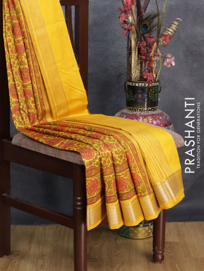 Semi raw silk saree yellow with allover prints and zari woven border - {{ collection.title }} by Prashanti Sarees