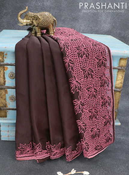 Semi satin silk saree dark brown and with embroidery and cut work - {{ collection.title }} by Prashanti Sarees