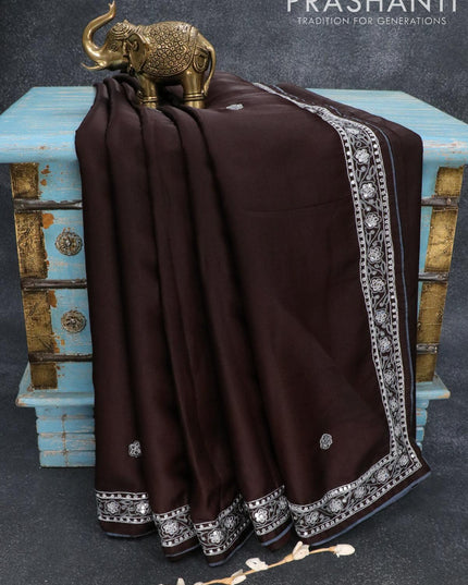 Semi satin silk saree dark brown and with mirror embroidery and cut work - {{ collection.title }} by Prashanti Sarees