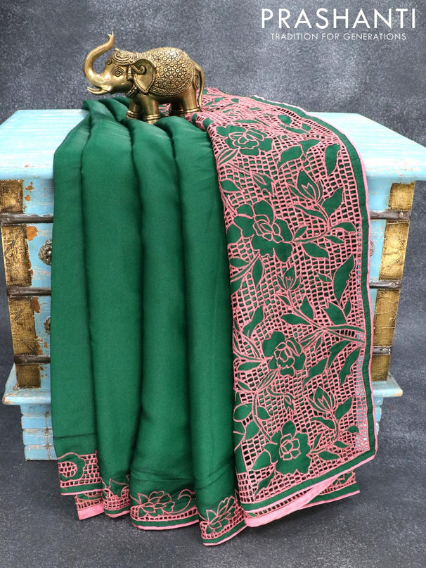 Semi satin silk saree green and with embroidery and cut work - {{ collection.title }} by Prashanti Sarees