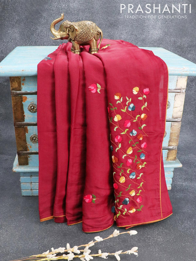 Semi satin silk saree maroon and with floral embroidery work and embroided blouse - {{ collection.title }} by Prashanti Sarees