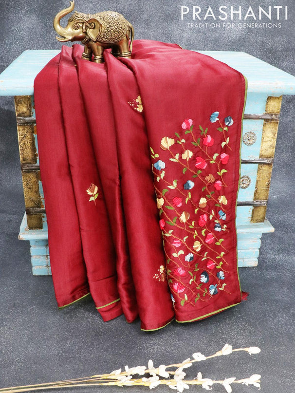 Semi satin silk saree maroon and with floral embroidery work and embroided blouse - {{ collection.title }} by Prashanti Sarees